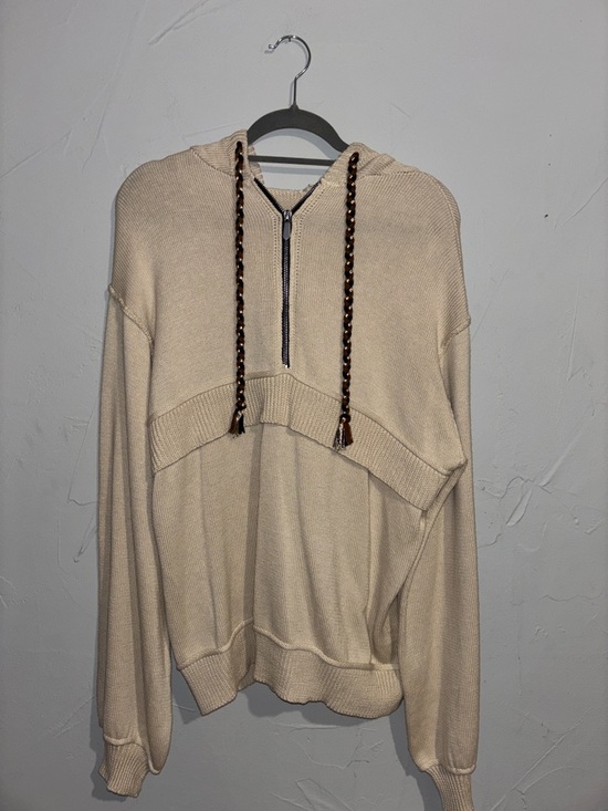 POL Sweaters - POL Cream Knit Half-Zip Hoodie with Braided Drawstrings